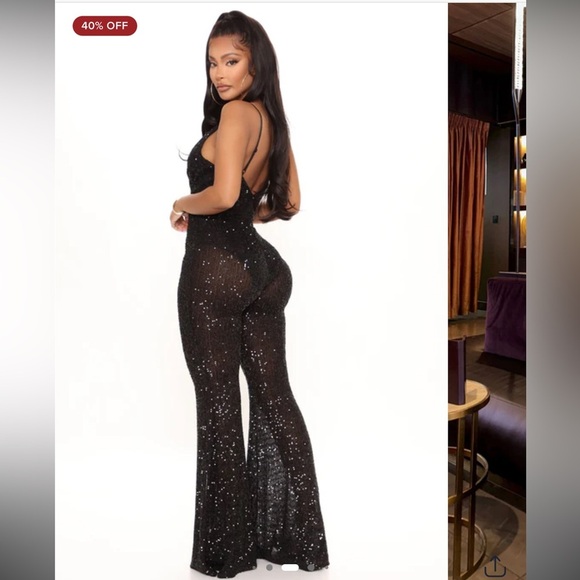 FASHION NOVA Black Reach For The Stars Sequin Jumpsuit - Black L - Picture 9 of 15